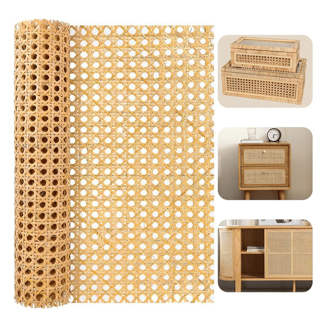 16-inch wide natural rattan webbing roll, 40 inches long (3.3 ft.), crafted for DIY furniture and home decor projects. The tubular woven design in a wood color is partially unrolled, showcasing its intricate pattern. Smaller images highlight its versatility in creating cabinet doors, drawers, and decorative boxes. Suitable for creative outdoor or camping applications, such as lightweight partitions or storage solutions.