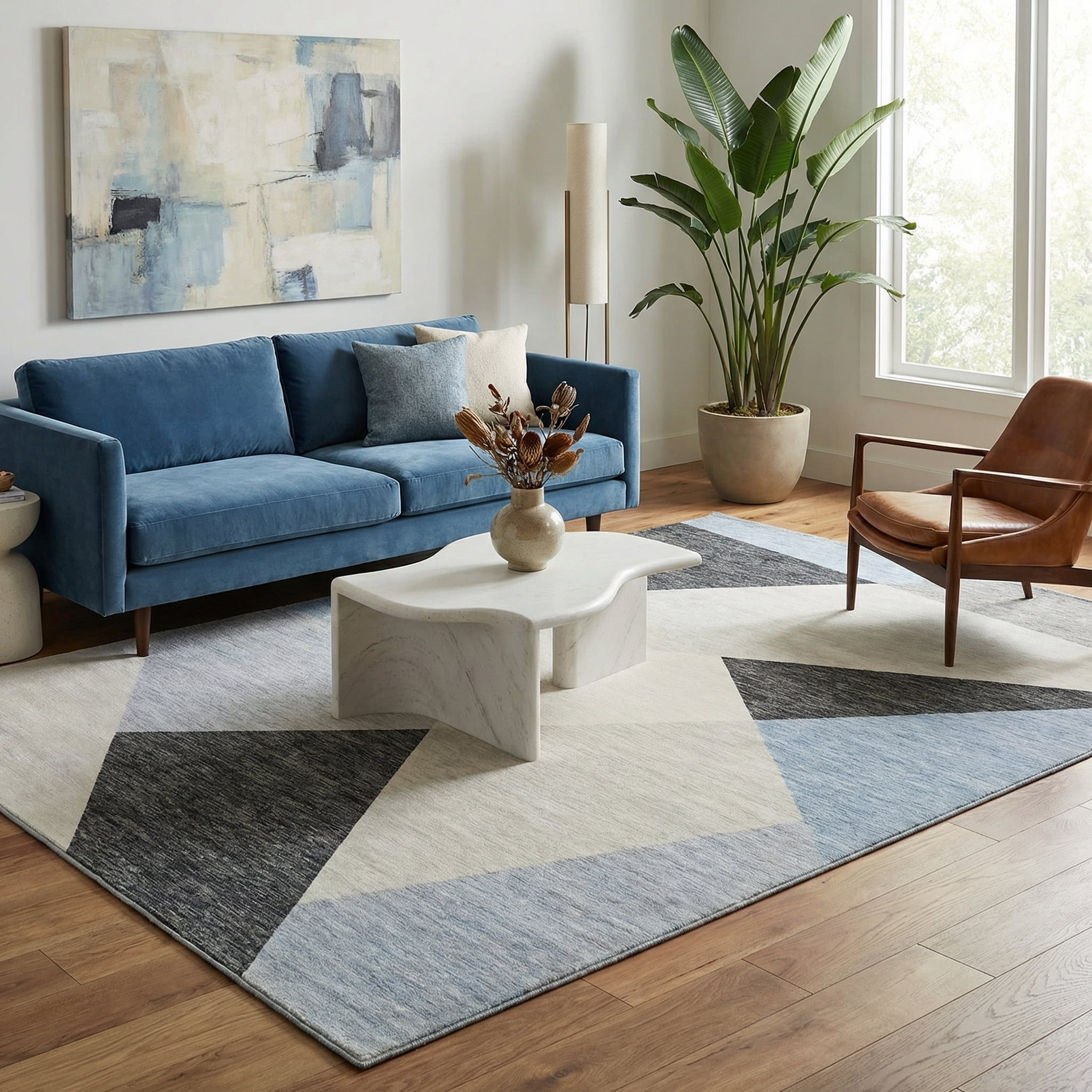 Tapis d'interieur moderne du milieu du siecle Rug Branch Eclipse, bleu gris, abstrait - Salon, chambre, salle a manger et bureau