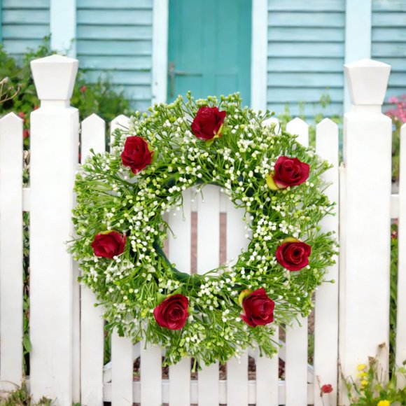 Couronne de Printemps pour Porte avec Roses et Gypsophile Unisexe - Couronne de Verdure Artificielle pour Décoration Murale, Décoration, JKODE
