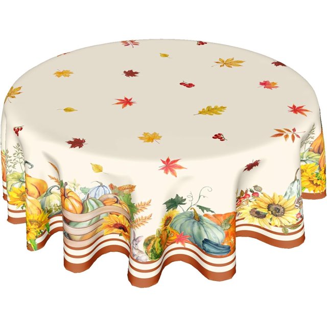 Nappe Citrouille d'Automne Ronde 60 Pouces Action de Grâce Feuille d'Automne Nappe Lavable Tournesol Feuilles d'Érable Récolte Housse de Table Décorative pour Maison Cuisine Salle à Manger Intérieur Extérieur Fête Pique-Nique