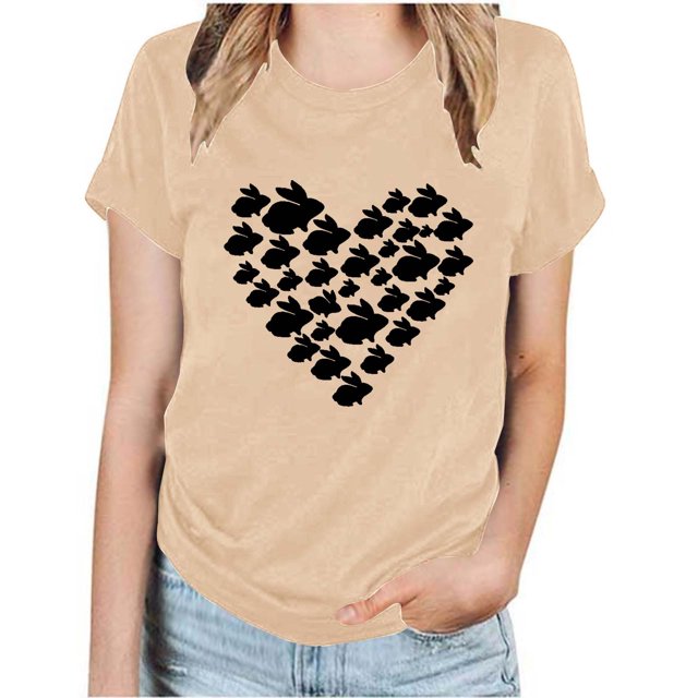 RKSTN Hauts pour Femmes Décontracté Été Ample Grande Taille Imprimé Graphique Lapin de Pâques Blouse Mode Col Rond Manches Courtes T-shirt
