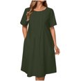 thumbnail image 1 of Amzcrzy Robes pour Femmes Robe en Coton et Lin de Couleur Unie Mode à Manches Courtes Robes d'Été pour Femmes Col Rond Robe d'Été Décontractée Plissée Robes Midi pour Femmes avec Poche, 1 of 9
