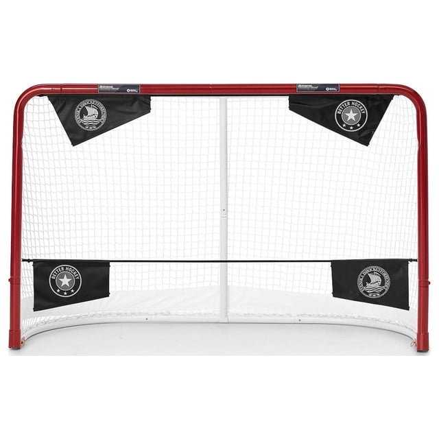 Better Hockey Extreme Pro Shooting Targets attached to a regulation-sized 6'x4' hockey net. The set includes four black targets, each featuring the Better Hockey logo, positioned in the top corners and bottom corners of the net. Designed for precision shooting practice, these durable and lightweight targets return to their original position after being hit. The hockey net shown is not included.