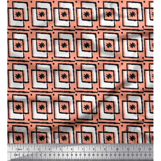 Soimoi Rayon Fabric Square & Floral Block Printed Fabric 1 Yard 42 Inch Wide