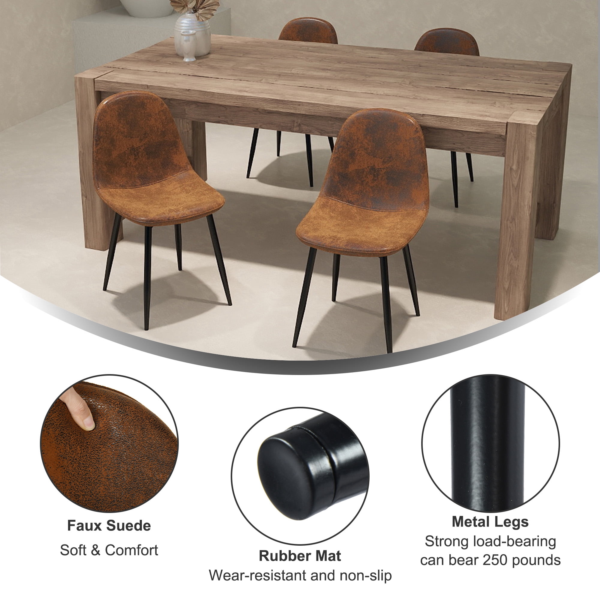 Homy Casa Kitchen Dining Chairs Set of 4, Brown Faux Suede Café Chairs with Metal Legs