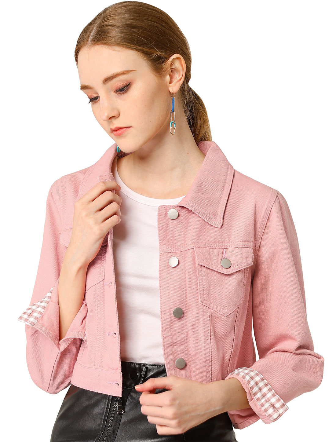 INSPIRE CHIC Women's Button Down Long Sleeves Cropped Denim Jacket