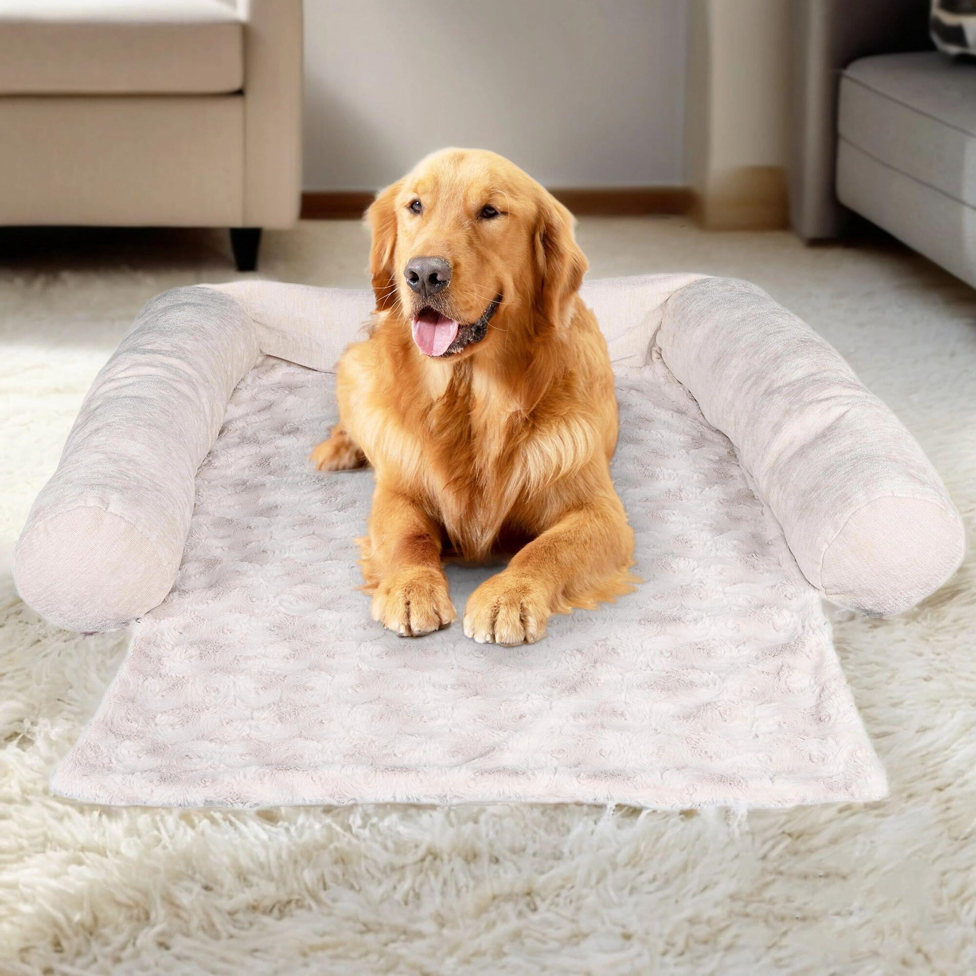 LIVINGbasics Pet Couch Large Dog Bed ,with 3-Sided Bolster Plush Dog Mat Pet Furniture Cover Sofa Protector