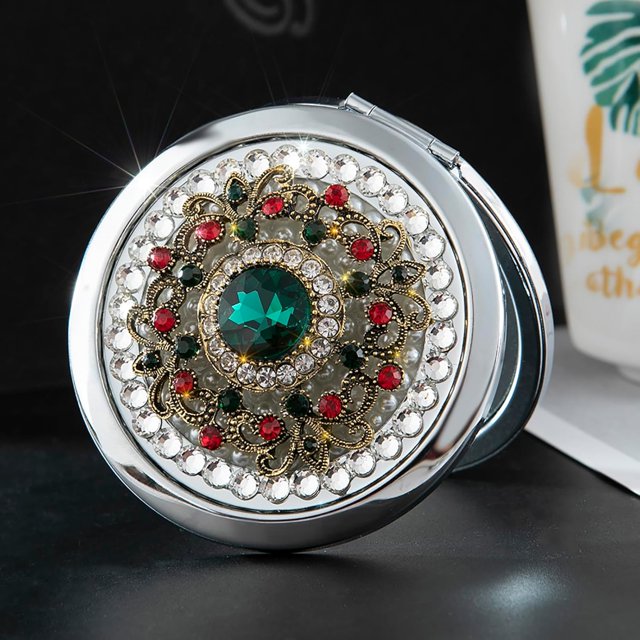 Amanman Pocket Mirror for Women 1x/2x Vintage Compact Mirror for Purses Hand Made Small Round Mirror Mini Mirror Women Travel Makeup Mirror (Green Stone)