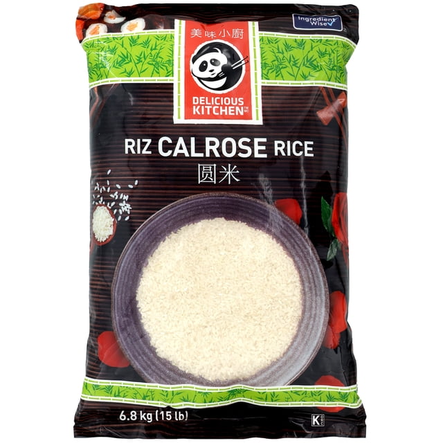Delicious Kitchen Calrose Rice in a 6.8 kg (15 lb) bag with black and green bamboo design, featuring a bowl of white Calrose rice on the front, suitable for sushi, rice balls, and cooking on stovetop or rice cooker.