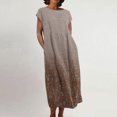 thumbnail image 1 of Meichang Robe d'Été en Coton et Lin à Manches Courtes pour Femme, Col Rond, Coupe Ample, Dégradé, Robe Midi Bohème Décontractée à Imprimé, Robe de Travail Rétro Légère Évasée, Brun, M, 1 of 5