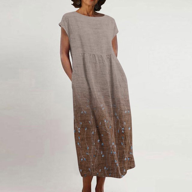 Meichang Robe d'Été en Coton et Lin à Manches Courtes pour Femme, Col Rond, Coupe Ample, Dégradé, Robe Midi Bohème Décontractée à Imprimé, Robe de Travail Rétro Légère Évasée, Brun, M