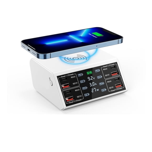 100W USB C Fast Charger Station,4 QC3.0 + 4 PD3.0 PPS + Wireless Charging,9 in 1 USB Charger ,Customer Friendly