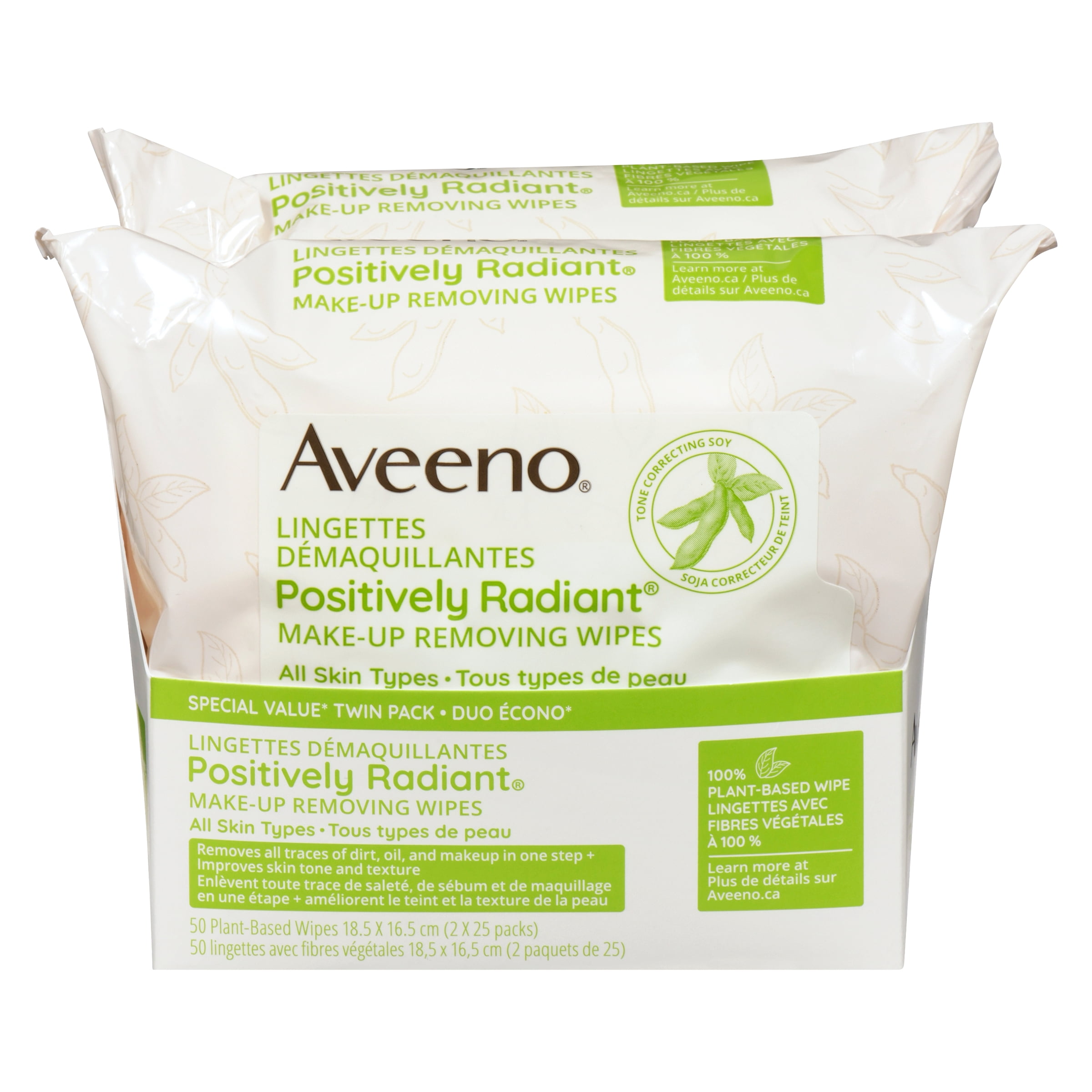 Aveeno Lingettes Démaquillantes, Lingettes Nettoyantes pour le Visage Positively Radiant avec Extrait de Soja, Sans Huile et Non Comédogènes, 50 Lingettes