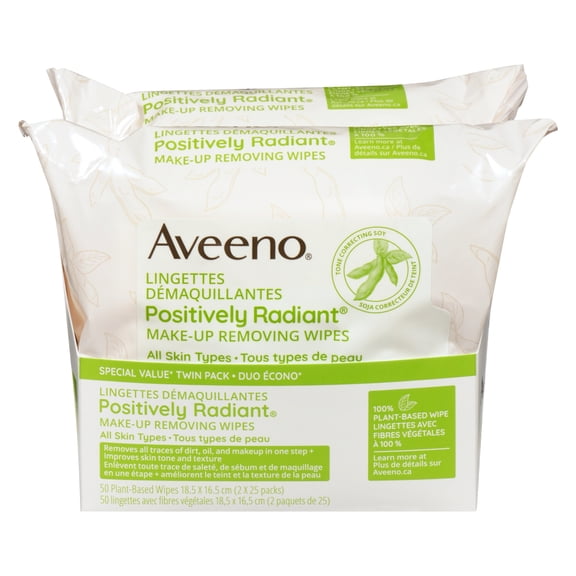 Aveeno Make Up Removing Wipes, Positively Radiant Facial Cleansing Wipes with Soy Extract, Oil Free and Non-Comedogenic, 50 wipes