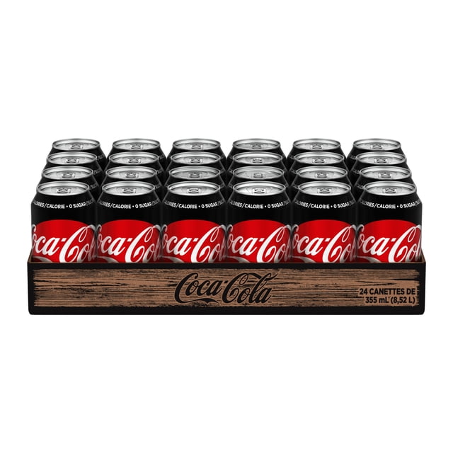 Coca-Cola Zero Sugar Cans, 355 mL, 24 Pack in a wood-textured cardboard tray with Coca-Cola logo, featuring black cans with red and white branding and zero sugar text, suitable for enjoying refreshing cola taste without sugar.