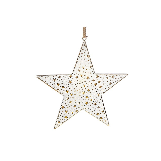 White And Gold Star Ornament Large, a metal star-shaped Christmas decoration measuring 13.78 inches wide and tall, featuring a white base with gold star cutouts and hanging from a twine loop, ideal for tree, garland, or festive centrepiece décor.