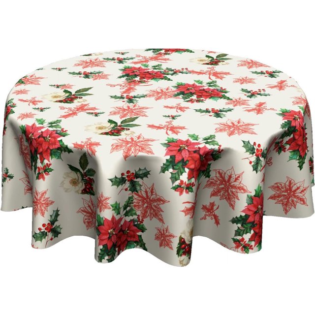 Nappe de Noël à Fleurs Rouges et Feuilles Rouges, Nappe Ronde à Houx Rouges 60 Pouces pour Déco de Cuisine Farmhouse, Tissu Polyester, Nappe d'Hiver/de Noël pour Fête, Camping en Plein Air, Congé