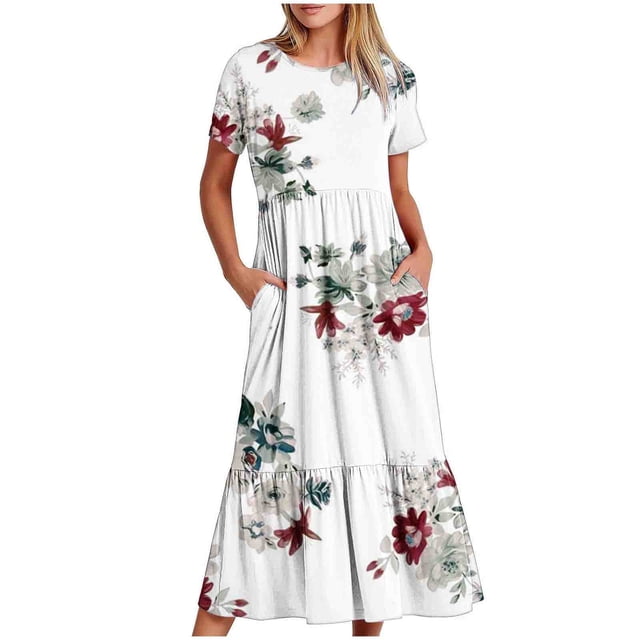 Pisexur Robes d'Été pour Femmes à Col Rond, Robe Fluide Plissée Tendance à Manches Courtes, Mode avec Poche, Robe d'Été de Plage Évasée à Imprimé Floral