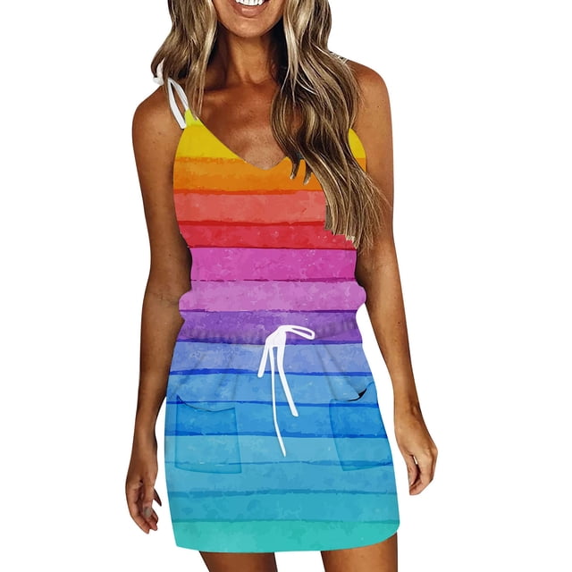 SMihono Robe d'Été Grande Taille pour Femmes 2023 Mode Femmes Décontractée Col en V Sans Manches Imprimé Teinture sur Nœuds Poches Gilet Robe Mini