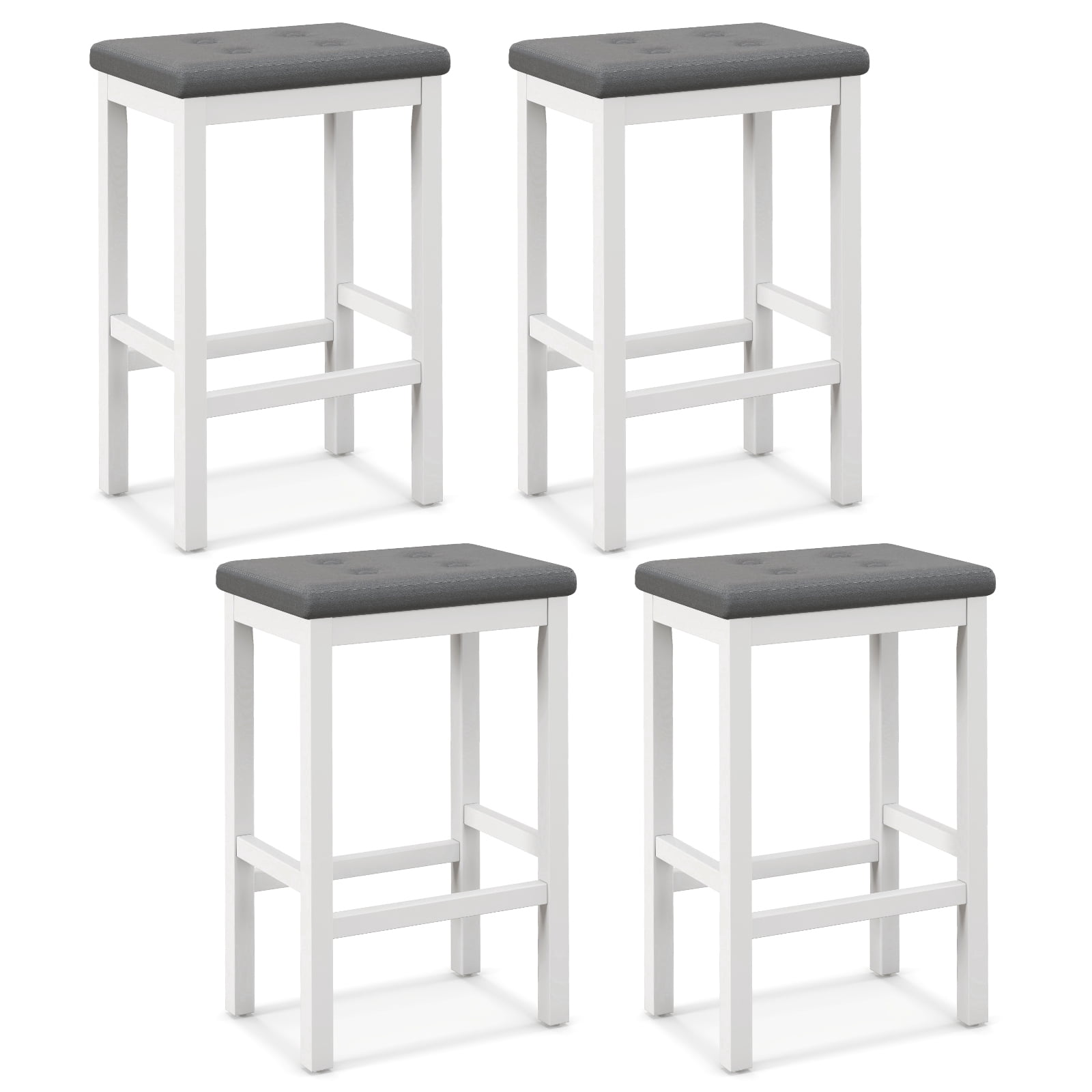 Patiojoy Upholstered Bar Stools Set of 4 Counter Height Stools with Button-tufted PVC Leather Seat & Sturdy Footrests Gray & White