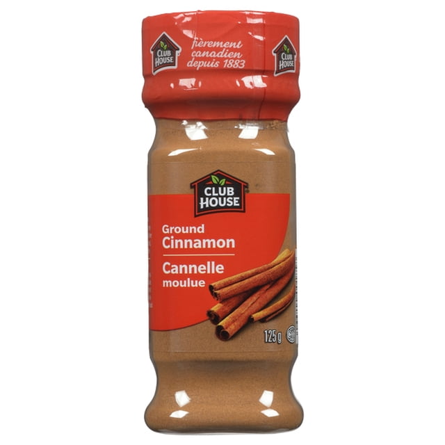 Club House Ground Cinnamon 125g in a clear plastic bottle with a red label featuring cinnamon sticks and bilingual English-French text, perfect for adding warm, sweet spice to baking, savory dishes, and spice rubs in Canadian kitchens.