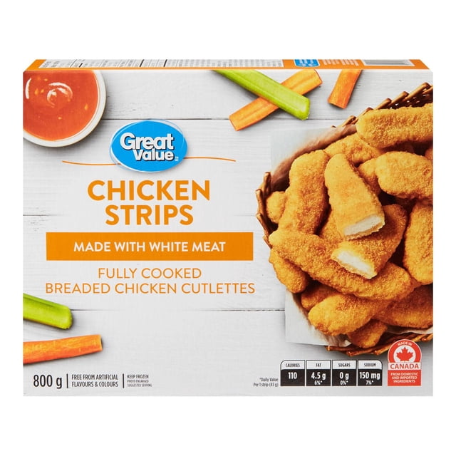 Great Value Chicken Strips package showing breaded, fully cooked white meat chicken cutlets in a basket with two strips cut open to reveal the interior texture, displayed with celery and carrot sticks and a bowl of dipping sauce on a white wooden surface, 800 g frozen snack made in Canada free from artificial flavours and colours.