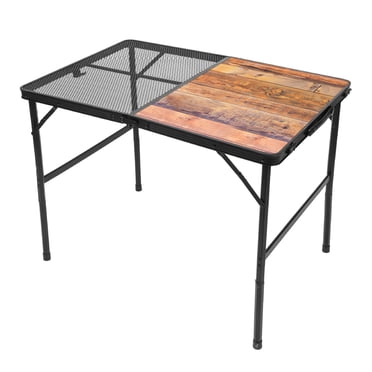 Table de Camping Pliante Portable pour Pique-Niques en Plein Air - 90x60 cm Design Moitié Bois Moitié Maille, Construction Légère en Fer et Aluminium