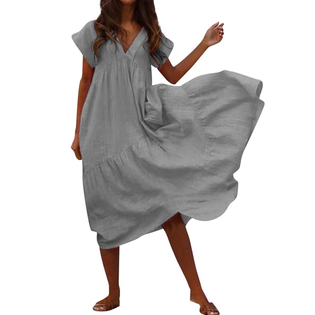 Ketyyh-chn99 Robes Chemise pour Femmes Grande Taille Robe Soleil Robes pour Femmes Robe d'Été Manche à Volants Ample Fluide Plissée Robe Mini Gris,TG