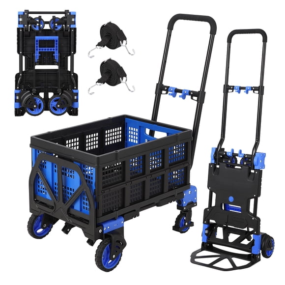 2-in-1 Convertible Folding Hand Truck Dolly - Heavy Duty 330 lbs Capacity - Removable Basket - Retractable Handle & 4 Wheels - Portable Utility Cart for Home, Office, Warehouse Moving - Blue