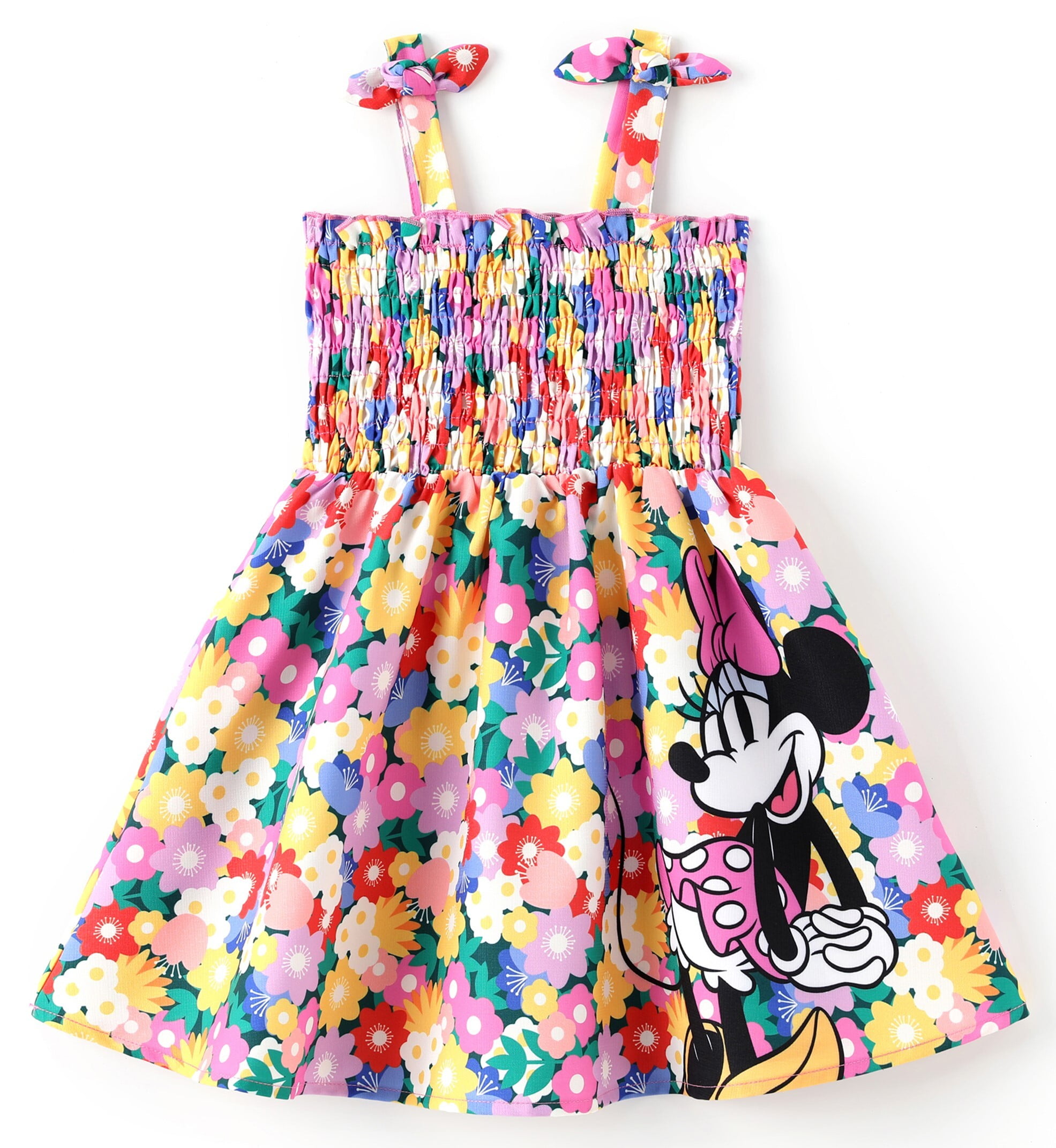 Disney Robes pour Filles Enfants Minnie Mouse Graphique Mignonne Fleur Nœud Robe à Bretelles Smockée Tailles 5-6a