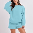 thumbnail image 2 of Ensemble de Survêtement pour Femmes avec Shorts, Tenue 2 Pcs pour Femmes pour l'Automne, Chandail à Manches Longues Décontracté Surdimensionné à Col Rond, Chandails Molletonnés à Enfiler, Shorts à Taille Élastique, Ensembles Assortis Bleu Pâle, 2 of 7