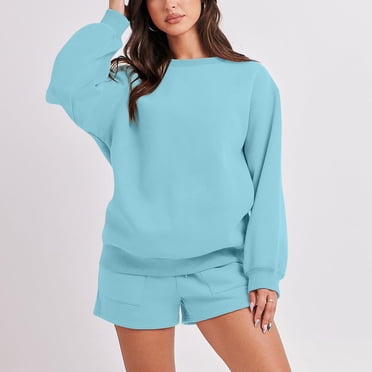 TIMIFIS Women 2 Piece Outfits Sweatsuit Round-Neck Long Sleeve Tops Matching Shorts Sets Casual Cozy Tracksuit Set - Spring/Summer