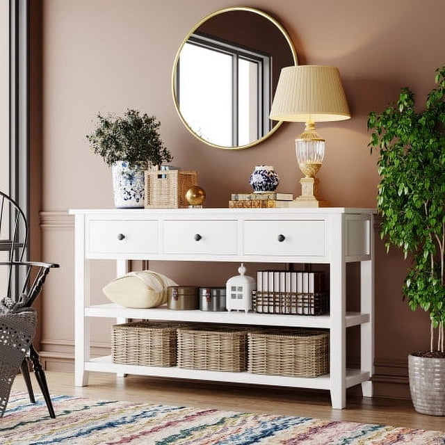 50" Solid Wood Console Table Sofa Table with Storage Drawers and Bottom Shelf Entryway Table for Entry Hallway Foyer Sofa Couch Table, Antique White
