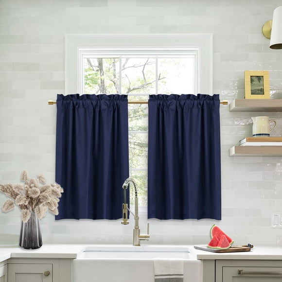 Lapalife Blackout Kitchen Curtains 36 Inches Long 2 Panels, Rod Pocket Short Curtains for Samll Windows Thermal Insulated Cafe Curtains for Kitchen Bathroom Basement, Navy Blue