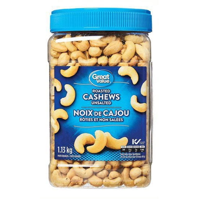Great Value Roasted Cashews Unsalted in a clear plastic jar with a blue lid, showing light brown roasted cashew nuts inside, labelled in English and French, weighing 1.13 kg, ideal for snacking, nut toppings, trail mix, or salads.