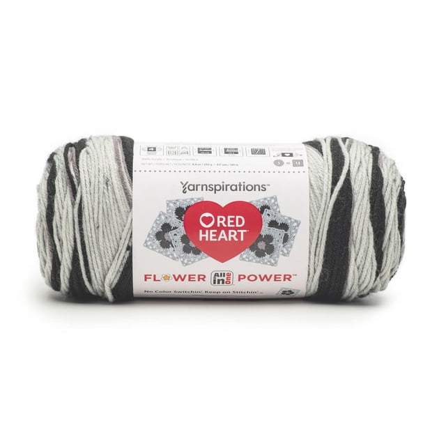 Red Heart® All In One Flower Power™ #4 Worsted (Medium) acrylic yarn skein in black, white, and gray engineered stripes with label showing brand logo and floral crochet motifs, 8.8oz/250g, 417 yards, suitable for seamless multi-motif crochet projects.