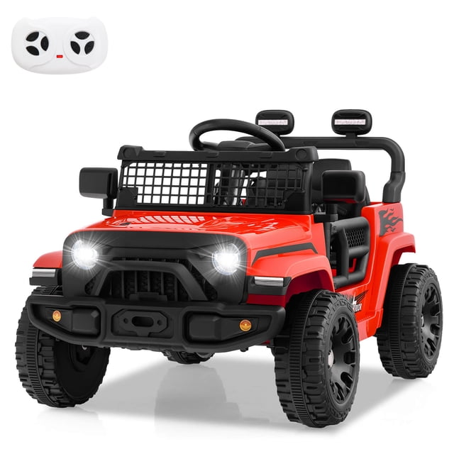 Costway Camion-Auto pour Enfants 12 V à Chevaucher, Véhicule Électrique à Pile avec Télécommande en Rouge. Ce Jouet à Chevaucher Motorisé Présente des Phares DEL Lumineux, des Rétroviseurs Pliables et des Roues Noires Robustes. Il Comprend un Siège Spacieux avec une Ceinture de Sécurité Ajustable, des Portes Verrouillables et un Système de suspension à Ressort pour des Trajets en Douceur. Alimenté par Deux Moteurs de 25 W et une Pile de 12 V, Il Offre Deux modes de Conduite : Utilisation Manuelle par les Enfants Ou Télécommande par les parents. la Télécommande Comprend un Frein d'Urgence pour