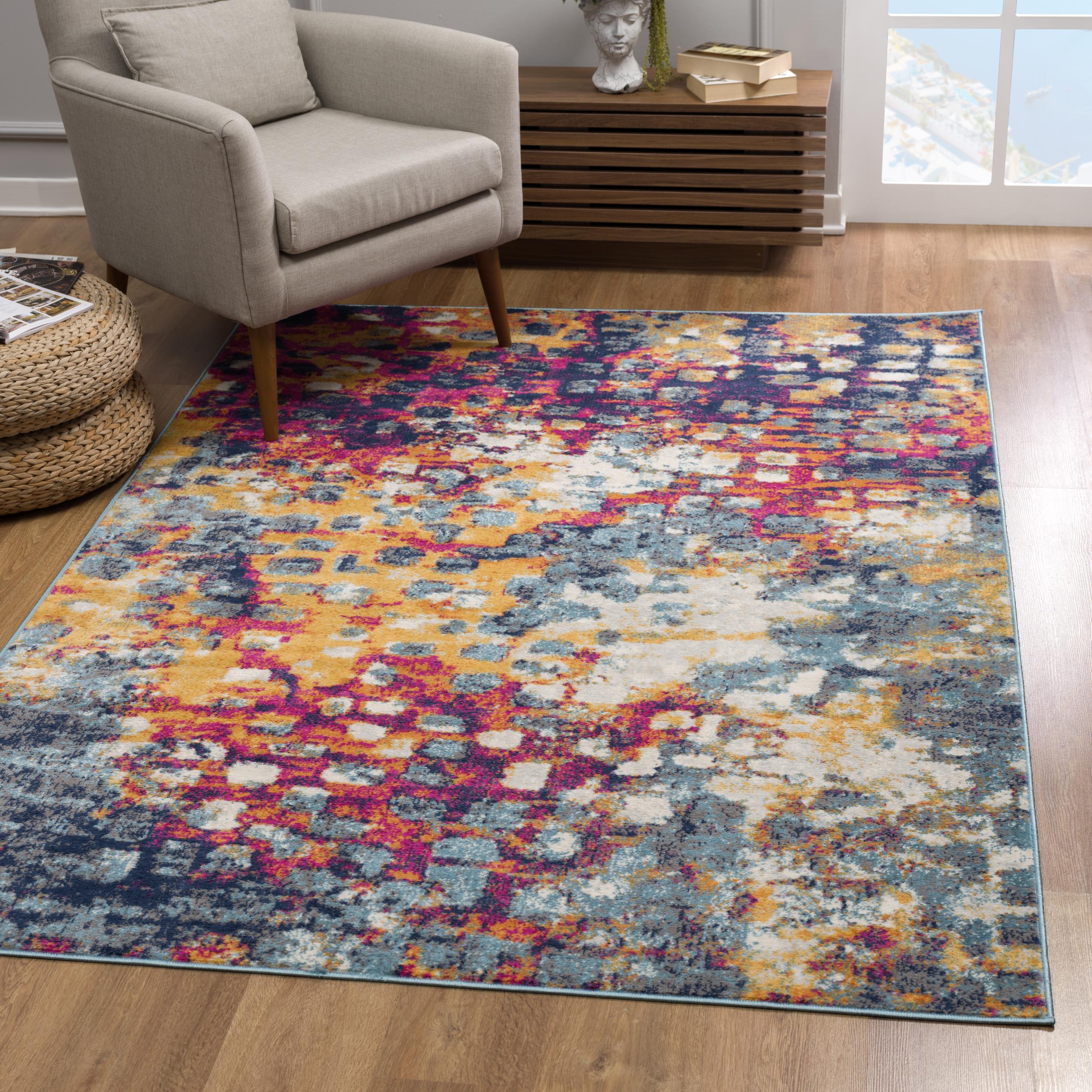 Tapis d'intérieur bohème Branch Savannah 2' x 2' (taille exacte : 2'3" x 2'), jaune et bleu, motif abstrait - Entrée, couloir, salle de bain et cuisine