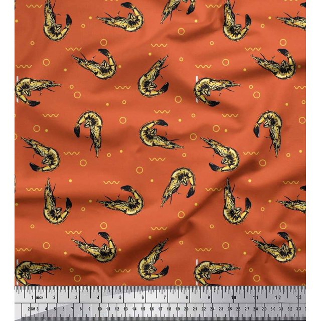 Soimoi Poly Georgette Fabric Circle,Dot & Prawns Ocean Print Sewing Fabric Yard 42 Inch Wide