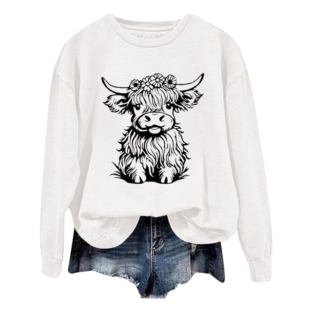 WEAIXIMIUNG Chandail pour Femmes Chic Chandail d'Automne et d'Hiver pour Femmes 2025 Col Rond Mode Chemise à Imprimé Vache Manches Longues Mode Décontractée Mode Haut de Sortie