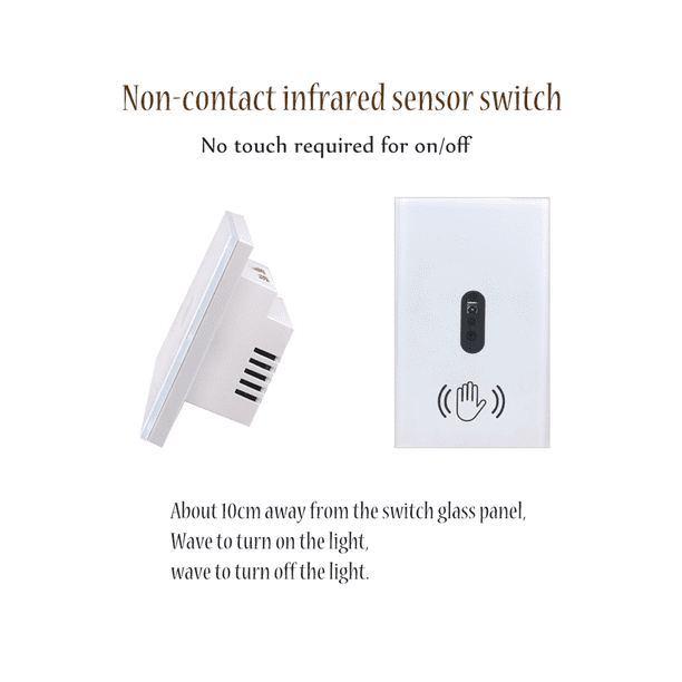 Touchless Infrared Light Switch – Wave To Activate, Glass Panel, 10A Load, 90-250V AC, Wall Mount (White Or Black)