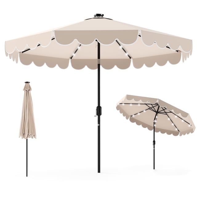 Gymax 9.3 FT Solar Patio Umbrella w/ 32 LED Lights & Vented Top & Ruffles Beige