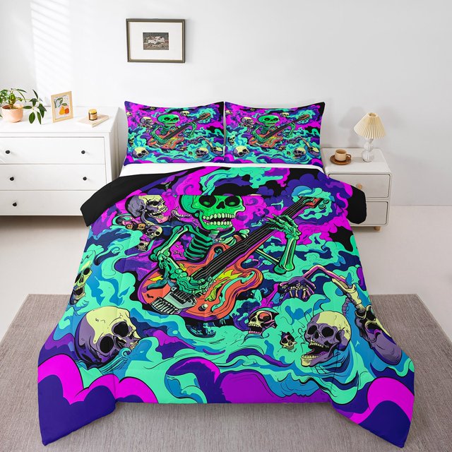 Erosebridal Rock and Roll Comforter Sets King Size, Skull Skeleton Down Comforter, Gothic Musical Room Decor, Reversible 3 Pieces