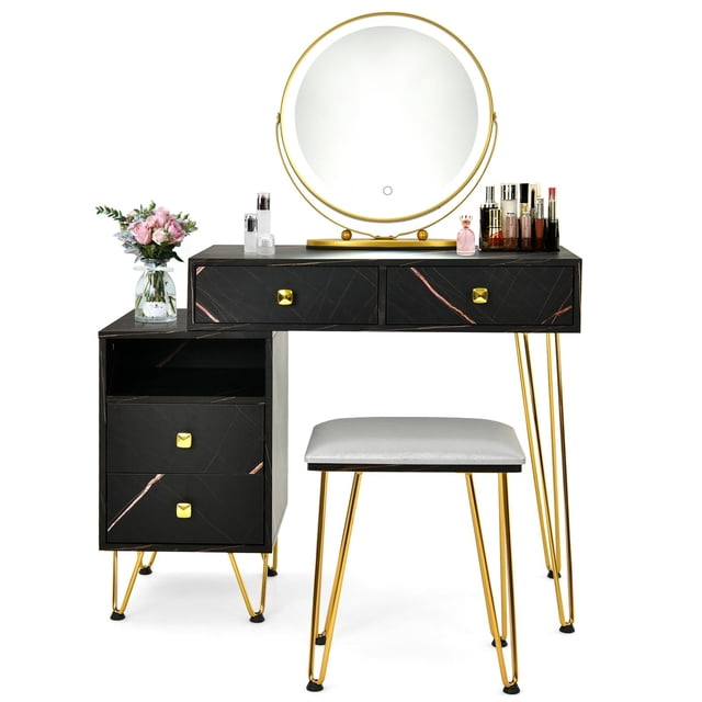 Giantex Ensemble de Coiffeuse avec Miroir Éclairé, Table de Maquillage Moderne avec Armoire de Rangement, Luminosité Réglable et Écran Tactile pour Chambre, Noir