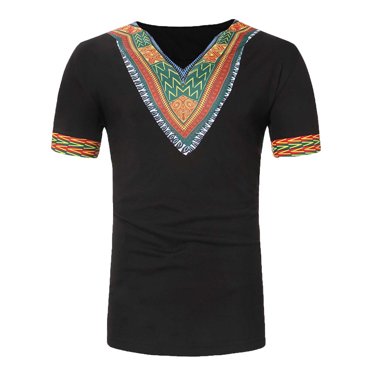 Fridja Chemise Traditionnelle Africaine pour Homme Vintage Couleur Unie Manches Courtes Col en V Coupe Ajustée T-Shirt à Enfiler Imprimé Tribal Floral pour Danser (Noir,m) (Noir,m)