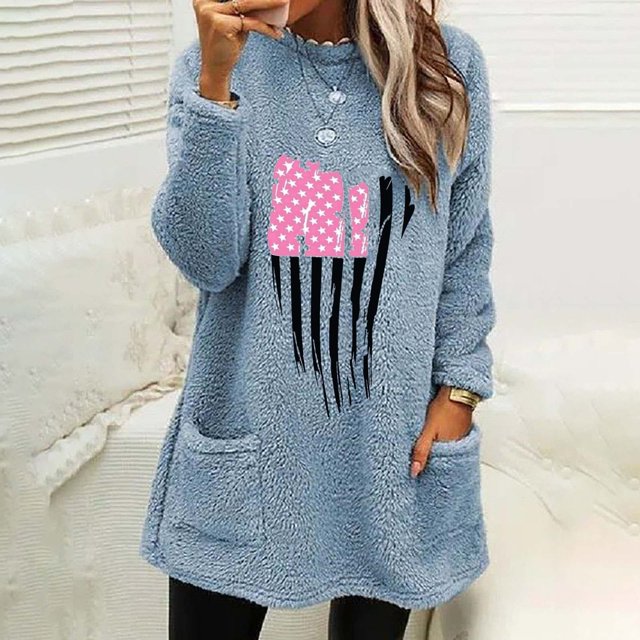Jsaierl T-Shirts Cancer du Sein pour Femmes Hiver Longs Hauts en Polaire Duveteuse Mode Graphique Blouses Chaudes Manches Longues Col Rond Pull avec Poches