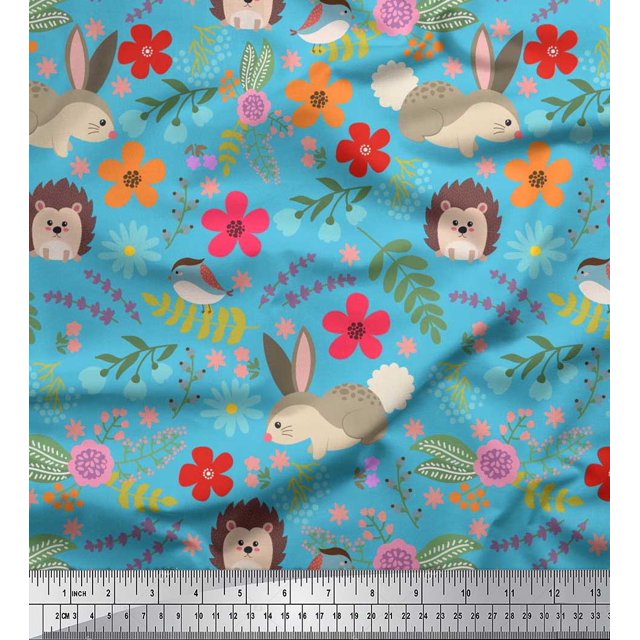 Soimoi Polyester Crepe Fabric Floral,Rabbit & Porcupine Cartoon Printed Fabric 1 Yard 52 Inch Wide