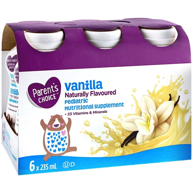 Parent's Choice Vanilla Naturally Flavoured Pediatric Nutritional Supplement six-pack of 235 mL bottles in a white and purple carton with a bear mascot and vanilla flower splash, containing 23 vitamins and minerals to support toddler growth and development.