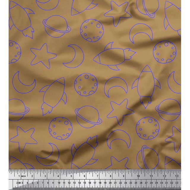 Soimoi Brown polyester Crepe Fabric Planet & Stars Galaxy Print Sewing Fabric Yard 52 Inch Wide