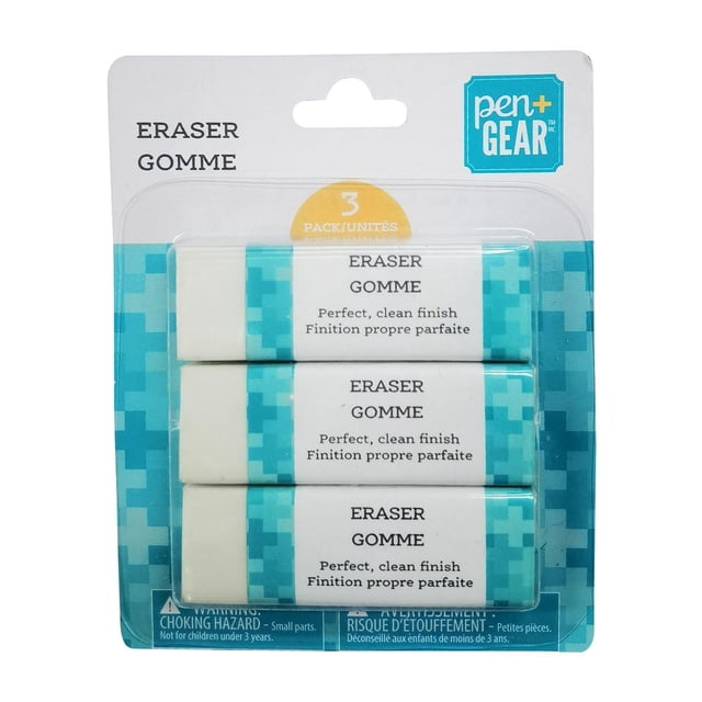 Pen + Gear Lot de 3 Blancs Eraser en blister avec Trois Gommes Rectangulaires Blanches pour Crayons avec Pochettes Bleues et Blanches Étiquetées 'Eraser Jelly' et 'Parfait, Fini Propre', Sans Latex et Résistant aux Bavures, Idéal pour Enlever le Plomb Propre, Emballé sur une Carte Blanche et Bleue avec Avertissement de Danger d'Étouffement.